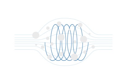 Stylized illustration of a plasma confined by magnetic fields, with looping dark-blue field lines in the center and lighter blue flow lines around it, plus scattered light-gray particles